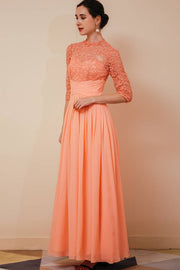 Coral Crew Neck 3/4 Long Sleeves A-Line Chiffon Lace Prom Dresses