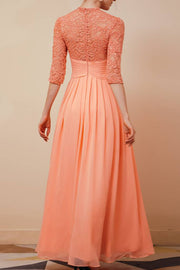 Coral Crew Neck 3/4 Long Sleeves A-Line Chiffon Lace Prom Dresses