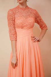 Coral Crew Neck 3/4 Long Sleeves A-Line Chiffon Lace Prom Dresses