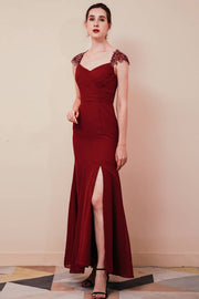 Burgundy V-Neck Capped Mermaid Tulle Ankle-Length Prom Dresses