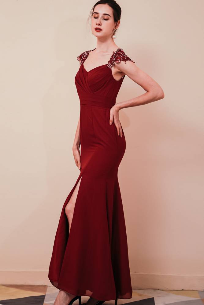 Burgundy V-Neck Capped Mermaid Tulle Ankle-Length Prom Dresses