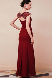 Burgundy V-Neck Capped Mermaid Tulle Ankle-Length Prom Dresses