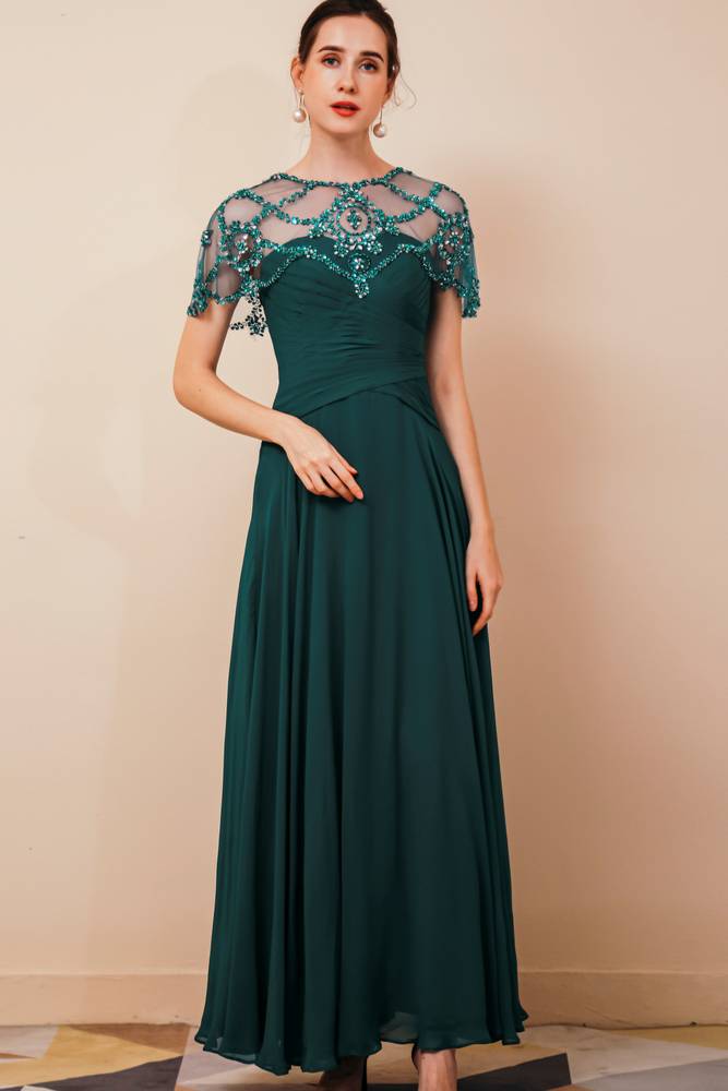 A-Line Ankle-Length Chiffon Party Dresses with Beading Cap Sleeves