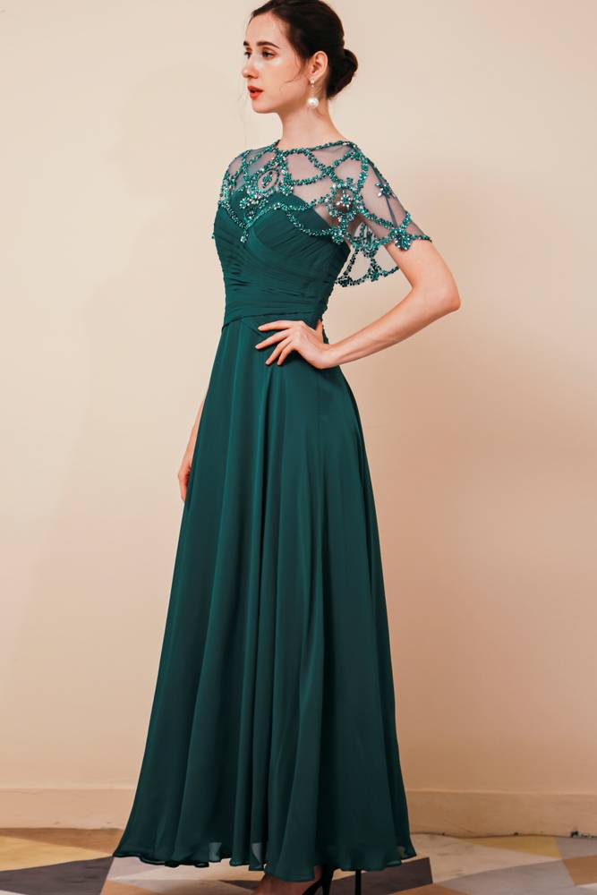 A-Line Ankle-Length Chiffon Party Dresses with Beading Cap Sleeves