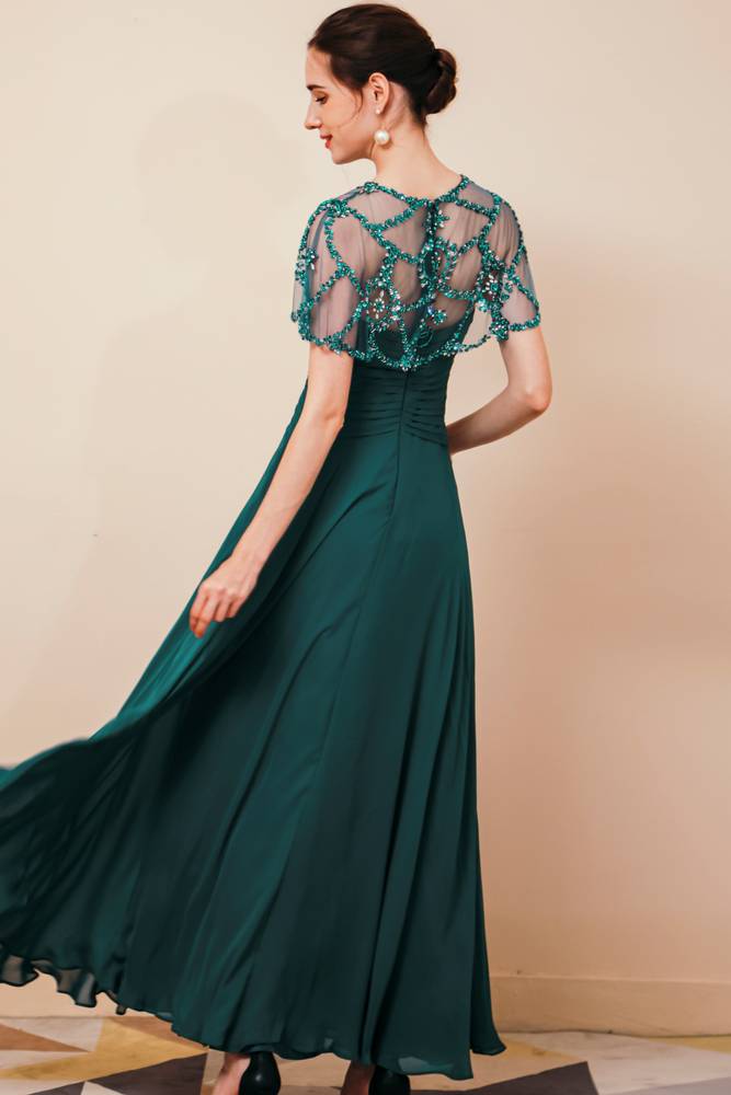 A-Line Ankle-Length Chiffon Party Dresses with Beading Cap Sleeves