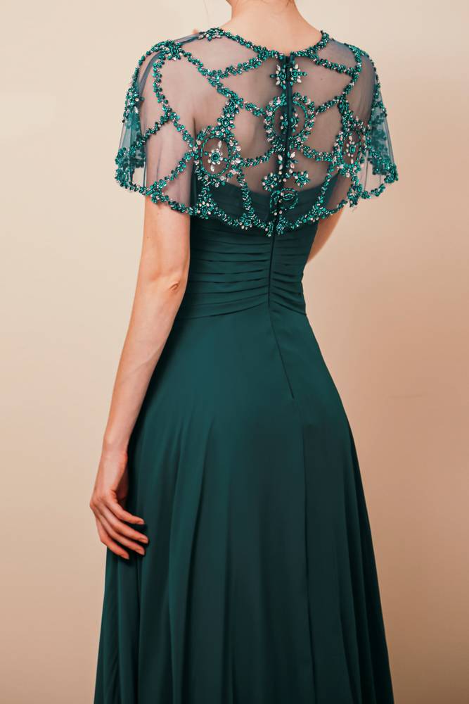 A-Line Ankle-Length Chiffon Party Dresses with Beading Cap Sleeves