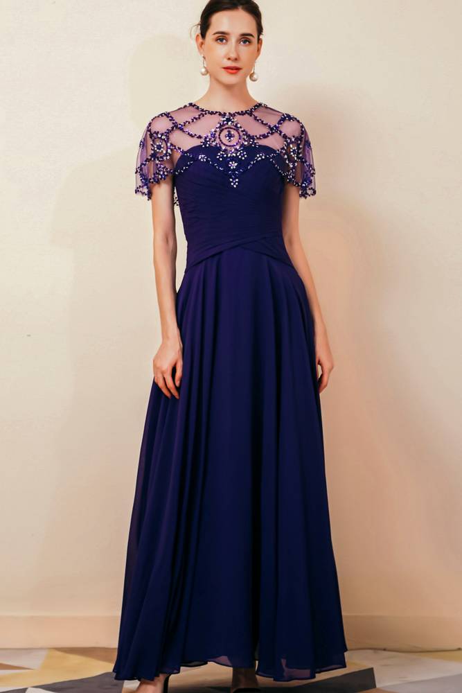 Regency A-Line Ankle-Length Chiffon Party Dresses with Beading Cap Sleeves