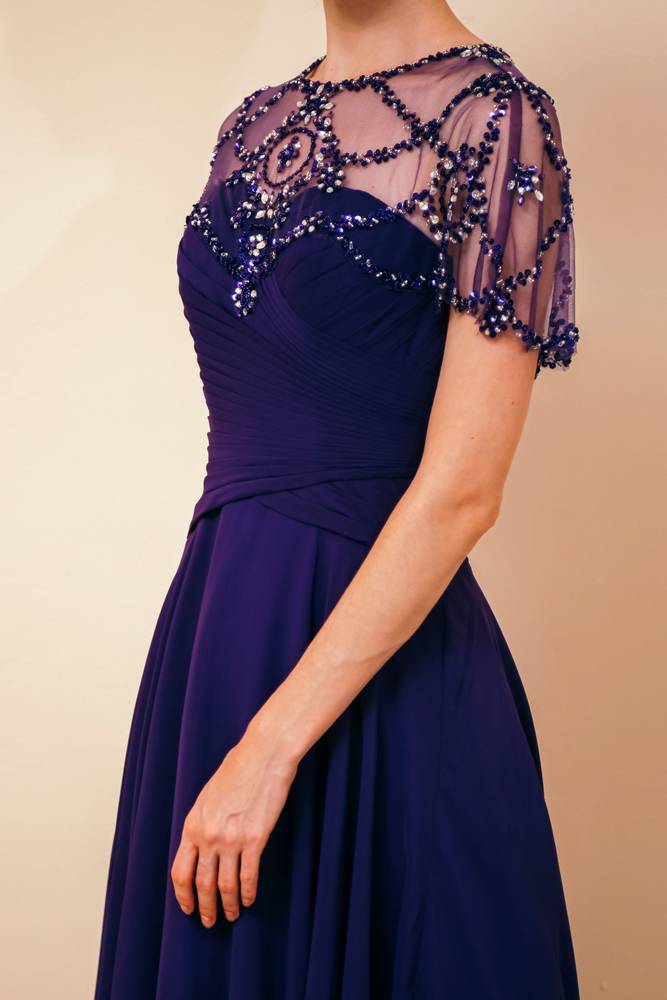 Regency A-Line Ankle-Length Chiffon Party Dresses with Beading Cap Sleeves