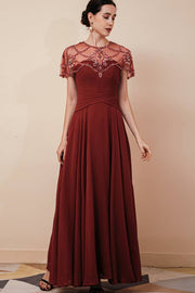 Burgundy A-Line Ankle-Length Chiffon Party Dresses with Beading Cap Sleeves