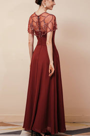 Burgundy A-Line Ankle-Length Chiffon Party Dresses with Beading Cap Sleeves