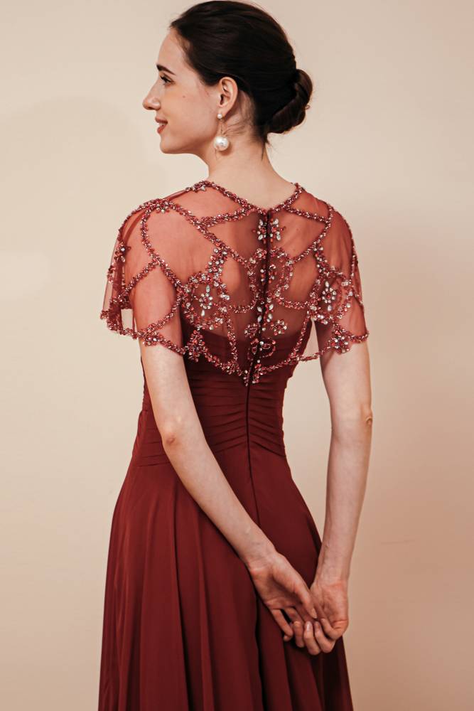 Burgundy A-Line Ankle-Length Chiffon Party Dresses with Beading Cap Sleeves