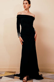 Asymmetrical Black Satin Long Mermaid Prom Dresses Long Sleeves with Slit