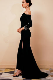 Asymmetrical Black Satin Long Mermaid Prom Dresses Long Sleeves with Slit