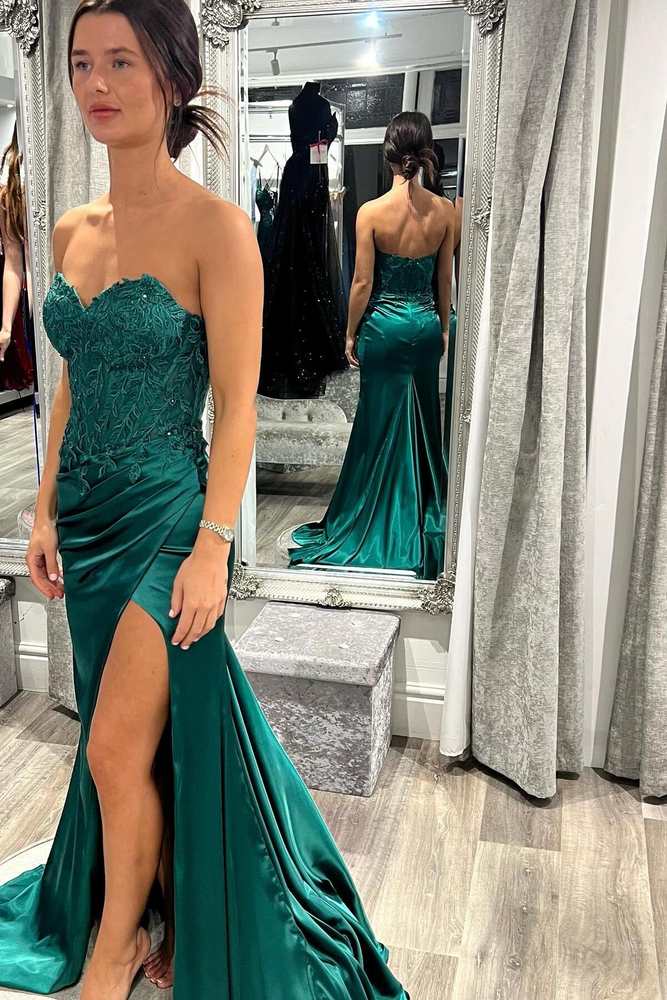 Dark Green Strapless Mermaid Satin Prom Dresses with Slit