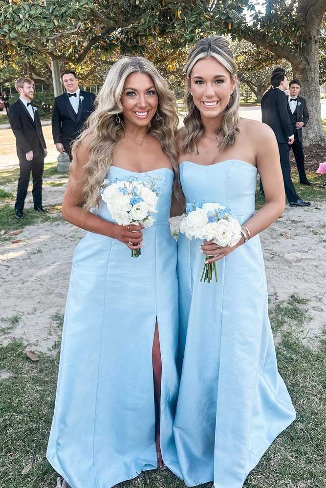 Blue Charming Strapless Long Satin Bridesmaid Dresses with Slit