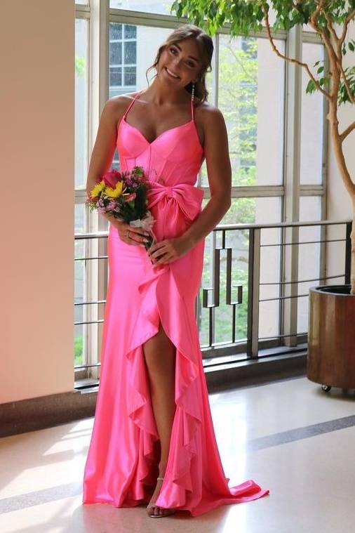 Gorgeous Long Spaghetti Straps V-Neck Satin Party Dresses with Slit