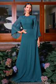 Ink Blue Long Sleeves A-Line Tulle Evening Dresses