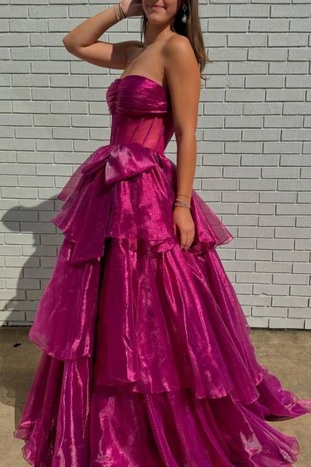 Orchid Glamorous Strapless Ball Gown Tulle Prom Dresses with Bow