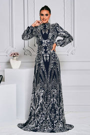 Sweep Train A-Line Sequin High Neck Evening Dresses