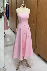 Luxurious Pink Strapless A-Line Satin Prom Dresses