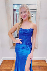 Sexy Strapless Mermaid Satin Prom Dress with Slit