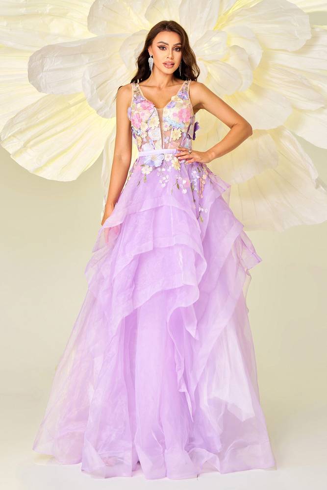 Light Purple A-Line Tulle V-Neck Floral Evening Dresses with Appliques