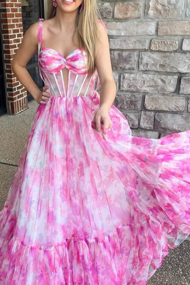 Sweetheart Sleeveless A-Line Print Floral Prom Formal Dresses