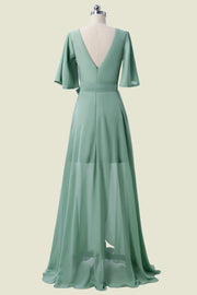 Dusty Sage Short Sleeves Long A-Line Chiffon Bridesmaid Dresses with Slit