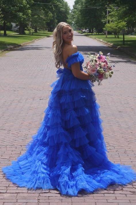 Sexy Long A-Line Off-The-Shoulder Tulle Prom Dresses with Slit