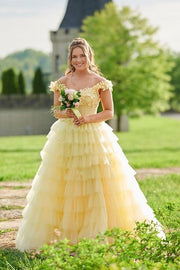 Daffodil Off-The-Shoulder Tiered Tulle Prom Dresses with Handmade Flower