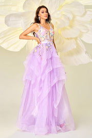 Light Purple Floor-Length A-Line Tulle V-Neck Floral Evening Dresses with Appliques