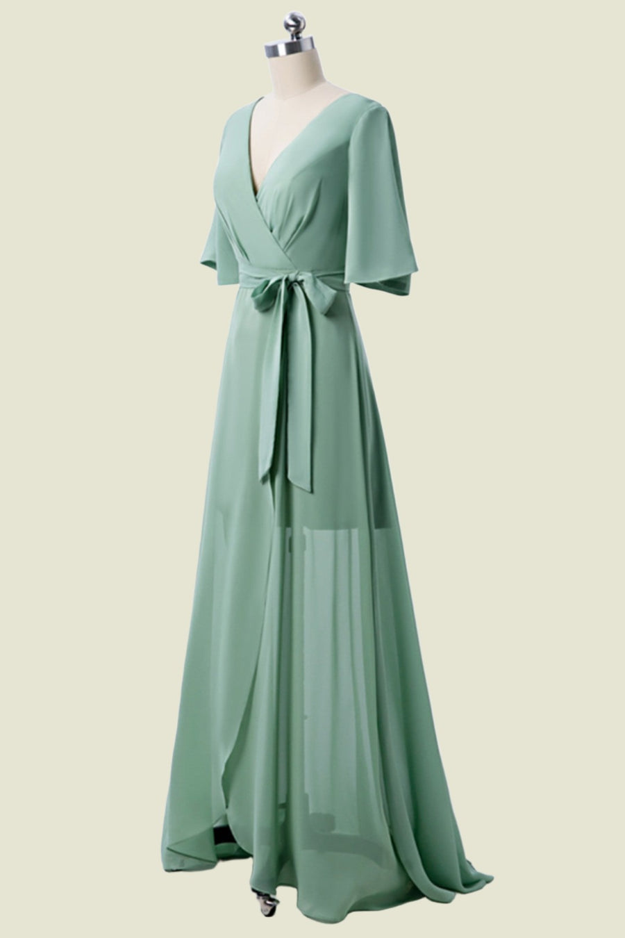 Dusty Sage Short Sleeves Long A-Line Chiffon Bridesmaid Dresses with Slit