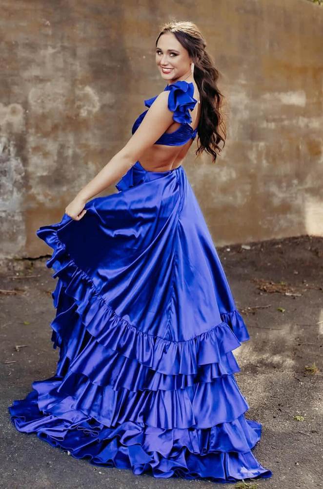 Royal Blue Sexy V-Neck A-Line Backless Ruffles Prom Dresses with Slit