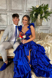 Royal Blue Sexy V-Neck A-Line Backless Ruffles Prom Dresses with Slit