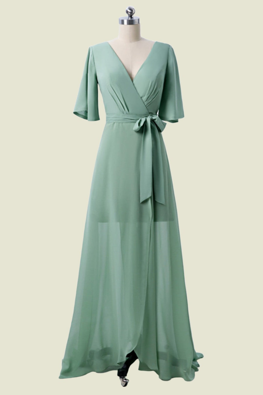 Dusty Sage Short Sleeves Long A-Line Chiffon Bridesmaid Dresses with Slit