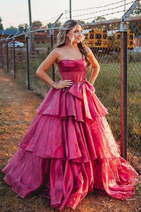 Orchid Glamorous Strapless Ball Gown Tulle Prom Dresses with Bow