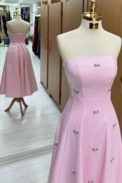 Luxurious Pink Strapless A-Line Satin Prom Dresses