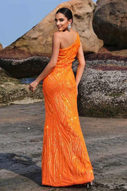 Orange One-Shoulder Sleeveless Mermaid Evening Dresses with Slit