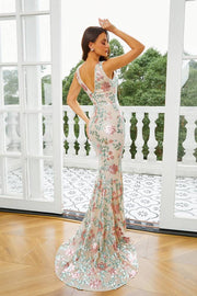 Long Mermaid Sequin V-Neck Floral Evening Dresses