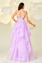 Light Purple Floor-Length A-Line Tulle V-Neck Floral Evening Dresses with Appliques