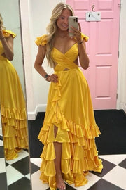 Yellow Sexy V-Neck A-Line Backless Ruffles Prom Dresses with Slit