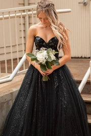 Black Charming Strapless Sequined Ball Gown Tulle Wedding Dresses