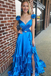 Ocean Blue Sexy V-Neck A-Line Backless Ruffles Prom Dresses with Slit