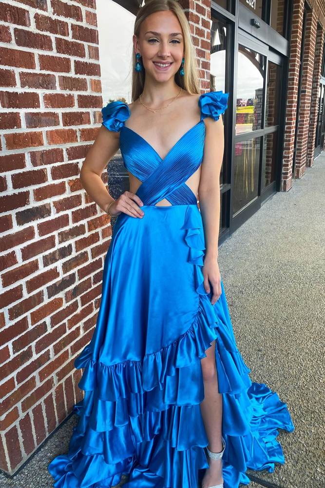 Ocean Blue Sexy V-Neck A-Line Backless Ruffles Prom Dresses with Slit