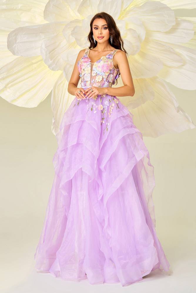 Light Purple Floor-Length A-Line Tulle V-Neck Floral Evening Dresses with Appliques