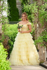 Daffodil Off-The-Shoulder Tiered Tulle Prom Dresses with Handmade Flower