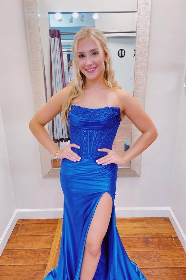 Sexy Strapless Mermaid Satin Prom Dress with Slit