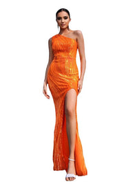 Orange One-Shoulder Sleeveless Mermaid Evening Dresses with Slit