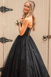 Black Charming Strapless Sequined Ball Gown Tulle Wedding Dresses