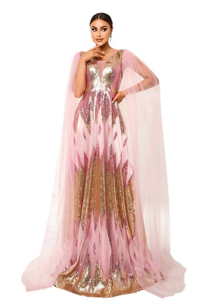 Pink Sequined A-Line V-Neck Tulle Prom Dresses